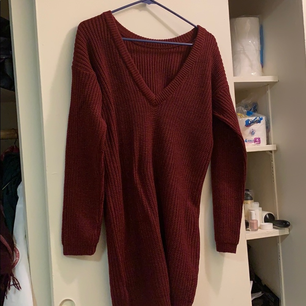 Warm, cozy red V-neck sweater dress